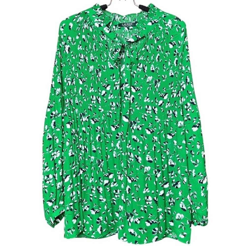 Ralph Lauren Floral Pleated Blouse Tie Neck Womens 1X Business Maximalist Ruffle